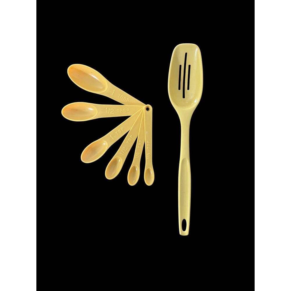 Vintage Foley Yellow Nylon Measuring Spoons and Slotted Serving Spoon Set